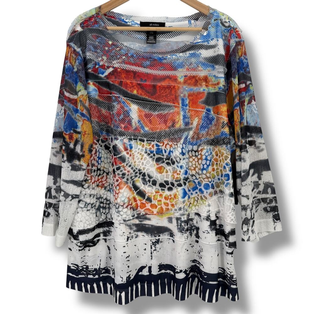 Ali Miles Abstract Animal Print Mesh Overlay Shirt Plus Sz 1X 3/4 Sleeves